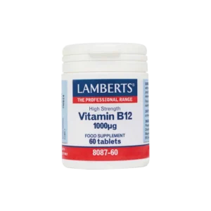 Ένα λευκό μπουκάλι Lamberts B12 1000 mcg 60 tabs, ένα συμπλήρωμα διατροφής.