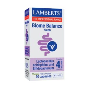 Lamberts Biome Balance Youth 4 δισεκατομμύρια: προβιοτικό συμπλήρωμα με 30 vegan κάψουλες, που υποστηρίζουν ένα ισορροπημένο μικροβίωμα.