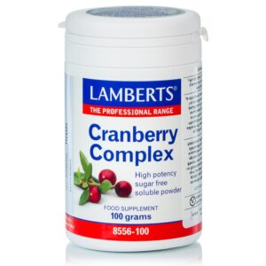Ένα δοχείο 100g της Lamberts Cranberry Complex Powder, με κράνμπερι στην ετικέτα και σκόνη κράνμπερι υψηλής ποιότητας.