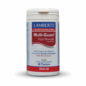 Το Lamberts Multi Guard High Strength 30 tabs είναι ένα vegan συμπλήρωμα διατροφής σε λευκό μπουκάλι, που παρέχει πολυβιταμίνες υψηλής αντοχής.