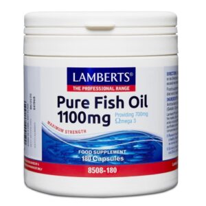 Λευκό δοχείο με την ένδειξη "Lamberts Pure Fish Oil 1100 mg 180 caps" - ένα συμπλήρωμα διατροφής πλούσιο σε Ωμέγα 3.