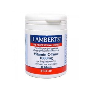 Λευκό δοχείο της Lamberts Vitamin C 1000 mg Time Release, 30 δισκία, με μπλε και κόκκινη σήμανση.