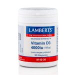Ένα λευκό μπουκάλι Lamberts Vitamin D3 4000 IU 30 caps διαθέτει μπλε και κόκκινη σήμανση.
