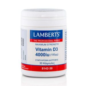 Ένα λευκό μπουκάλι Lamberts Vitamin D3 4000 IU 30 caps διαθέτει μπλε και κόκκινη σήμανση.