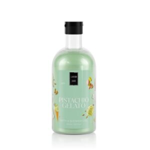 Το Lavish Care Pistachio Gelato Gelato Shower Gel 500 ml διατίθεται σε διάφανο μπουκάλι με μαύρο καπάκι και παστέλ πράσινο υγρό.