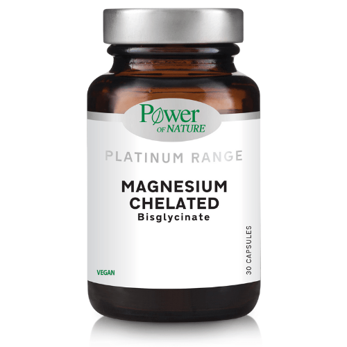 Power of Nature Platinum Range Magnesium Chelated Vegan 30 caps Καφέ μπουκάλι με την ένδειξη "Power of Nature Platinum Range Magnesium Chelated Vegan 30 caps", ένα vegan συμπλήρωμα μαγνησίου.