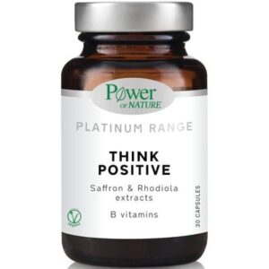 Το Power of Nature Platinum Range Think Positive 30 caps είναι ένα συμπλήρωμα διατροφής σε καφέ μπουκάλι με σαφράν, εκχυλίσματα ροδιόλα και βιταμίνες Β.