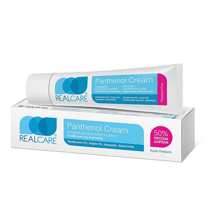 Real Care Panthenol Cream 150ml Η Real Care Panthenol Cream 150ml διατίθεται σε μπλε και λευκό σωληνάριο με κουτί, σχεδιασμένη για να ενυδατώνει και να καταπραΰνει το δέρμα.