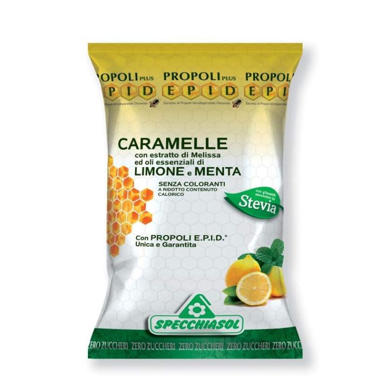 Specchiasol EPID Lemon candies 67g Specchiasol EPID Lemon καραμέλες 67g σε σακουλάκι, με απεικονίσεις κηρήθρας, λεμονιού και φύλλων μέντας με λεπτομέρειες του προϊόντος στο μπροστινό μέρος.
