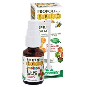 Specchiasol EPID Oral Spray Junior 15 ml σε καφέ μπουκάλι με λευκό ακροφύσιο ψεκασμού, που απεικονίζεται μπροστά από το κουτί του προϊόντος.