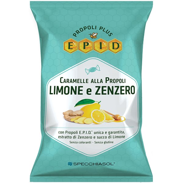 Specchiasol Epid® Caramelle Alla Propoli Limone e Zenzero 67g Ένα πετρόλ σακουλάκι με Specchiasol Epid® Caramelle Alla Propoli Limone e Zenzero 67g, με εικόνες από φέτες λεμονιού και τζίντζερ στο μπροστινό μέρος.