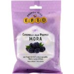 Μωβ σακουλάκι με Specchiasol Epid® Caramelle Alla Propoli Mora 67g, καραμέλες πρόπολης βατόμουρου, με βατόμουρα στο μπροστινό μέρος.