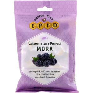 Μωβ σακουλάκι με Specchiasol Epid® Caramelle Alla Propoli Mora 67g, καραμέλες πρόπολης βατόμουρου, με βατόμουρα στο μπροστινό μέρος.