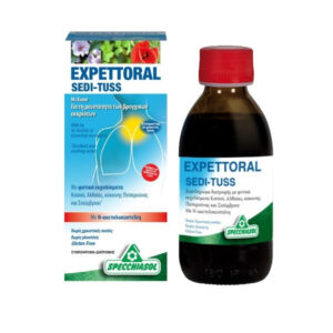 Ένα κουτί και ένα μπουκάλι Specchiasol Expettoral Sedi-Tuss 170 ml σιρόπι για το βήχα, με ελληνικό και αγγλικό κείμενο στη συσκευασία.
