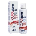 Uni-Pharma CURAderm Powder Spray 125 ml για την επούλωση πληγών, με ελληνική και αγγλική σήμανση στη φιάλη και το κουτί.