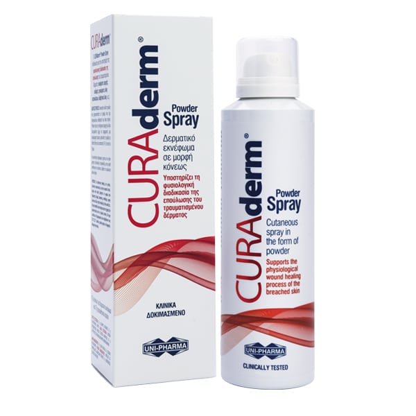 Uni-Pharma CURAderm Powder Spray 125 ml Uni-Pharma CURAderm Powder Spray 125 ml για την επούλωση πληγών, με ελληνική και αγγλική σήμανση στη φιάλη και το κουτί.
