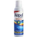 Ένα δοχείο 150ml του εντομοαπωθητικού Uni-Pharma Repel Spray με πολύχρωμο σχέδιο και δίγλωσσο ελληνικό και αγγλικό κείμενο.