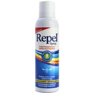 Ένα δοχείο 150ml του εντομοαπωθητικού Uni-Pharma Repel Spray με πολύχρωμο σχέδιο και δίγλωσσο ελληνικό και αγγλικό κείμενο.