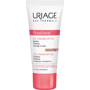 Η Uriage Roseliane CC cream SPF30, 40 ml, για ευαίσθητες, επιρρεπείς στο ερυθρό χρώμα επιδερμίδες, διατίθεται σε κομψή λευκή και ροζ συσκευασία.