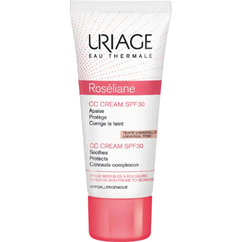 Uriage Roseliane CC cream SPF30 40 ml Η Uriage Roseliane CC cream SPF30, 40 ml, για ευαίσθητες, επιρρεπείς στο ερυθρό χρώμα επιδερμίδες, διατίθεται σε κομψή λευκή και ροζ συσκευασία.