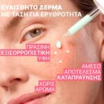 Uriage Roseliane Visible Redness-Neutralizing Smoothing Serum 30 ml Ένα σταγονόμετρο εφαρμόζει τον ορό εξομάλυνσης της ορατής ερυθρότητας Uriage Roseliane Visible Redness-Neutralizing Smoothing Serum 30 ml στο κόκκινο, ευαίσθητο μάγουλο μιας γυναίκας, με ελληνικό κείμενο που περιγράφει τα οφέλη του ορού.