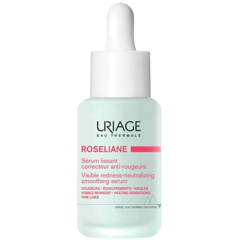 Ένα μπουκαλάκι 30 ml Uriage Roseliane Visible Redness-Neutralizing Smoothing Serum, σχεδιασμένο για να απαλύνει και να καταπραΰνει την ευαίσθητη επιδερμίδα.